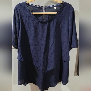 Rosewe Women’s Navy Textured Short-Sleeve Layered Blouse